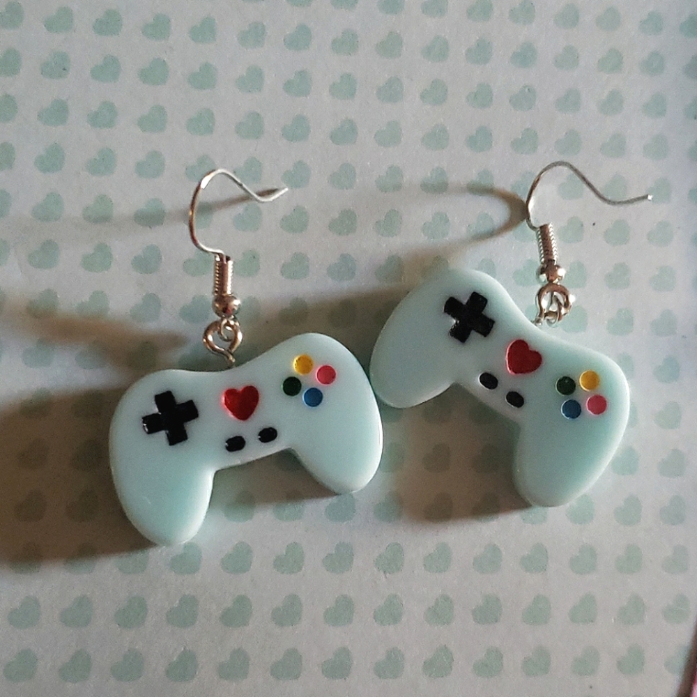 Video game control dangle earrings
